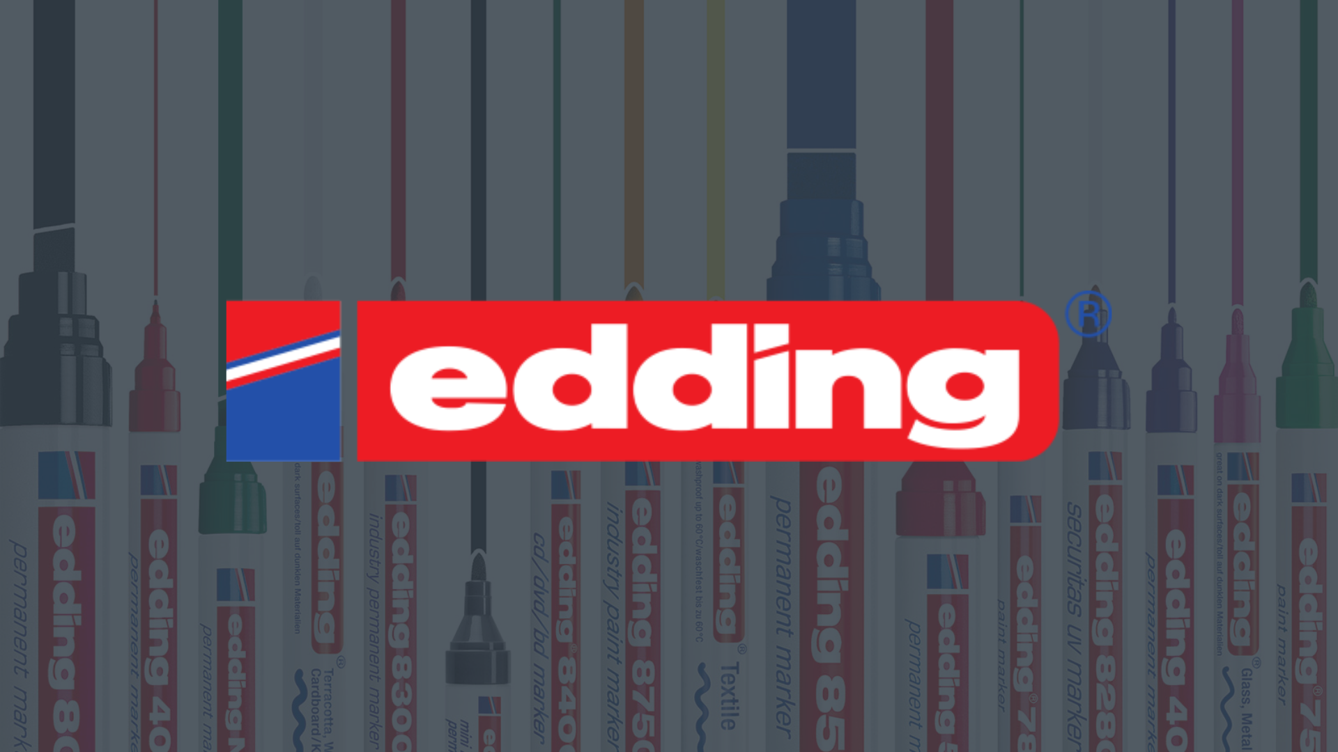 Logo der edding AG auf dunklem Hintergrund mit Stiften